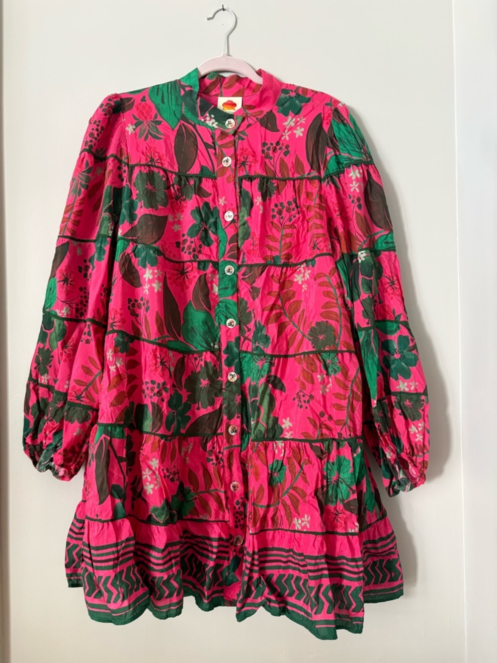 Fun & flouncy Pink Floral Button-Front Tunic Dress with beaded fringe tie
